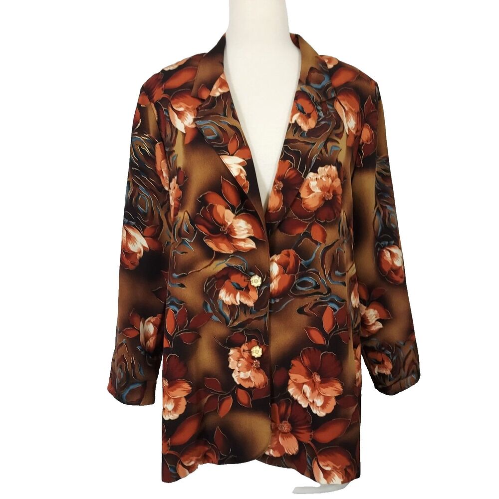 Maggie Sweet Vintage 90s Floral Jacket Blazer Brown Long Sleeve Button Front L